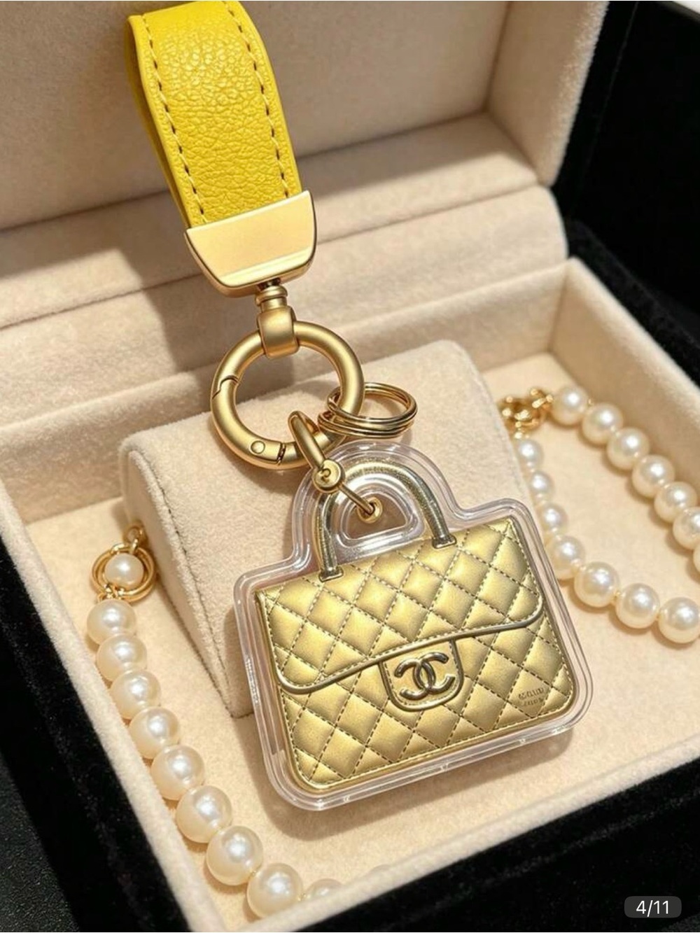 Gold Quilted Handbag Key Holder with Yellow Strap